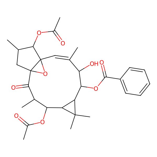 2D Structure of [(1R,3R,4R,5R,7S,8S,9R,10E,12S,13S,14S)-4,13-diacetyloxy-9-hydroxy-3,6,6,10,14-pentamethyl-2-oxo-16-oxatetracyclo[10.3.1.01,12.05,7]hexadec-10-en-8-yl] benzoate