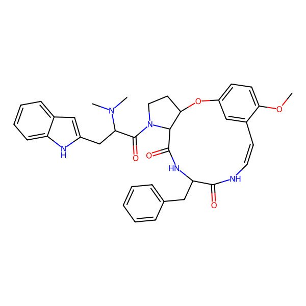 2D Structure of (13Z)-10-benzyl-6-[2-(dimethylamino)-3-(1H-indol-2-yl)propanoyl]-16-methoxy-2-oxa-6,9,12-triazatricyclo[13.3.1.03,7]nonadeca-1(19),13,15,17-tetraene-8,11-dione