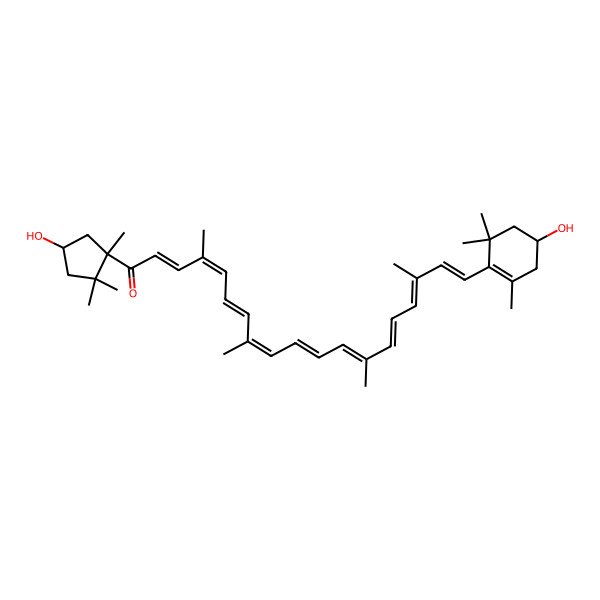 2D Structure of (2E,4Z,6E,8E,10E,12E,14E,16E,18E)-19-[(4R)-4-hydroxy-2,6,6-trimethylcyclohexen-1-yl]-1-[(1R,4S)-4-hydroxy-1,2,2-trimethylcyclopentyl]-4,8,13,17-tetramethylnonadeca-2,4,6,8,10,12,14,16,18-nonaen-1-one