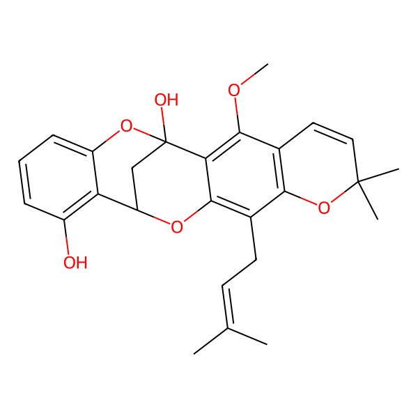2D Structure of (1R,13R)-3-methoxy-7,7-dimethyl-10-(3-methylbut-2-enyl)-8,12,20-trioxapentacyclo[11.7.1.02,11.04,9.014,19]henicosa-2,4(9),5,10,14,16,18-heptaene-1,15-diol