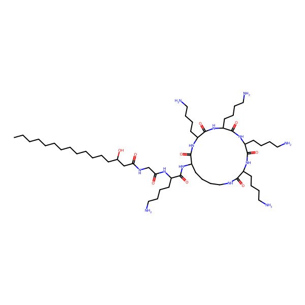 2D Structure of N-[2-[[6-amino-1-oxo-1-[[3,6,9,12-tetrakis(4-aminobutyl)-2,5,8,11,14-pentaoxo-1,4,7,10,13-pentazacyclononadec-15-yl]amino]hexan-2-yl]amino]-2-oxoethyl]-3-hydroxyhexadecanamide