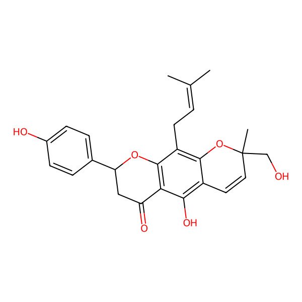 2D Structure of (2S)-2alpha-(4-Hydroxyphenyl)-5-hydroxy-8beta-(hydroxymethyl)-8-methyl-10-prenyl-3,4-dihydro-2H,8H-benzo[1,2-b:5,4-b']dipyran-4-one