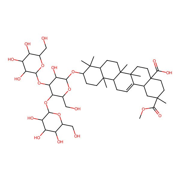 2D Structure of (2S,4aR,6aR,6aR,6bR,8aR,10S,12aR,14bS)-10-[(2R,3R,4R,5R,6R)-3-hydroxy-6-(hydroxymethyl)-5-[(2S,3R,4S,5R,6R)-3,4,5-trihydroxy-6-(hydroxymethyl)oxan-2-yl]oxy-4-[(2S,3R,4S,5S,6R)-3,4,5-trihydroxy-6-(hydroxymethyl)oxan-2-yl]oxyoxan-2-yl]oxy-2-methoxycarbonyl-2,6a,6b,9,9,12a-hexamethyl-1,3,4,5,6,6a,7,8,8a,10,11,12,13,14b-tetradecahydropicene-4a-carboxylic acid
