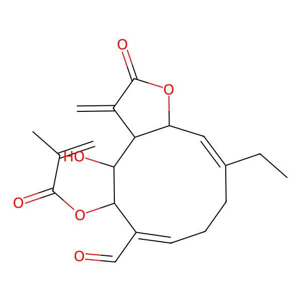 2D Structure of [(3aR,4S,5S,6E,10E,11aR)-10-ethyl-6-formyl-4-hydroxy-3-methylidene-2-oxo-3a,4,5,8,9,11a-hexahydrocyclodeca[b]furan-5-yl] 2-methylprop-2-enoate