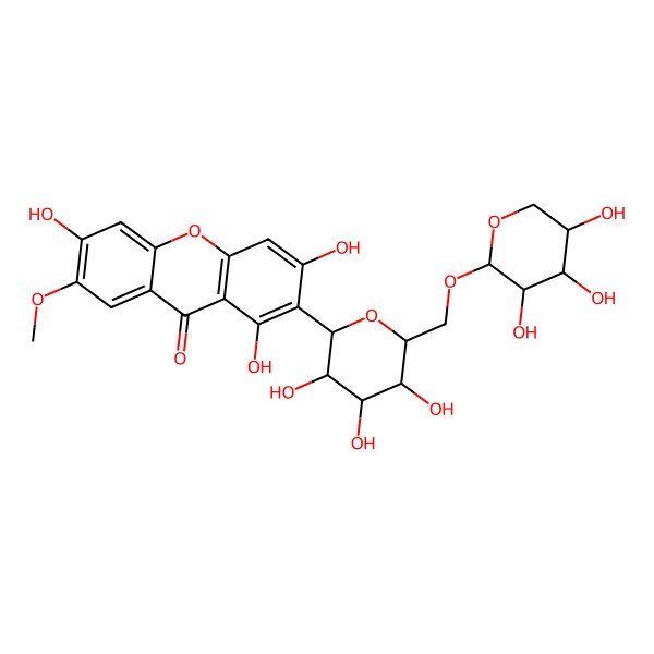 2D Structure of 1,3,6-trihydroxy-7-methoxy-2-[(2S,3R,4R,5S,6R)-3,4,5-trihydroxy-6-[[(2S,3S,4S,5S)-3,4,5-trihydroxyoxan-2-yl]oxymethyl]oxan-2-yl]xanthen-9-one