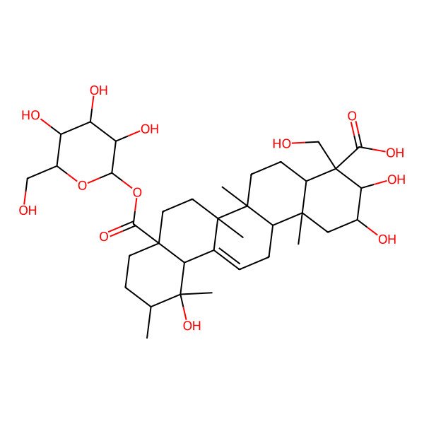 2D Structure of (2R,3R,4R,4aR,6aR,6bS,8aS,11R,12R,12aS,14aR,14bR)-2,3,12-trihydroxy-4-(hydroxymethyl)-6a,6b,11,12,14b-pentamethyl-8a-[(2S,3R,4S,5S,6R)-3,4,5-trihydroxy-6-(hydroxymethyl)oxan-2-yl]oxycarbonyl-1,2,3,4a,5,6,7,8,9,10,11,12a,14,14a-tetradecahydropicene-4-carboxylic acid