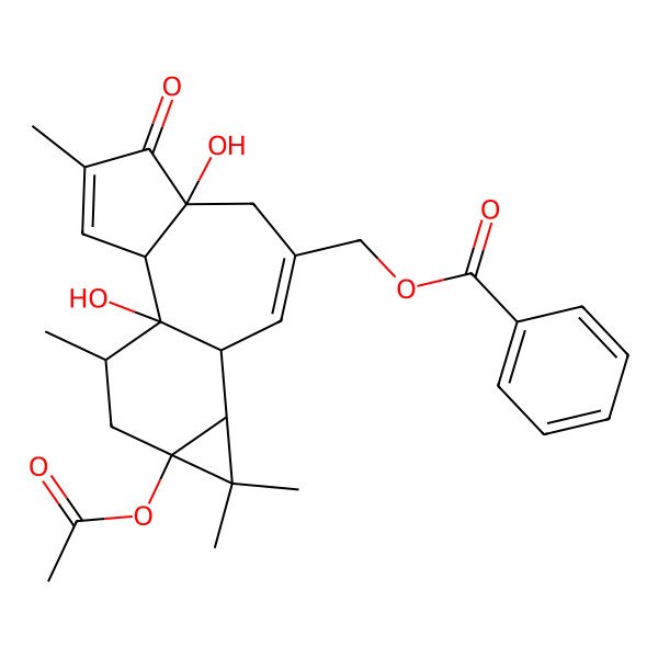2D Structure of (13-Acetyloxy-1,6-dihydroxy-4,12,12,15-tetramethyl-5-oxo-8-tetracyclo[8.5.0.02,6.011,13]pentadeca-3,8-dienyl)methyl benzoate