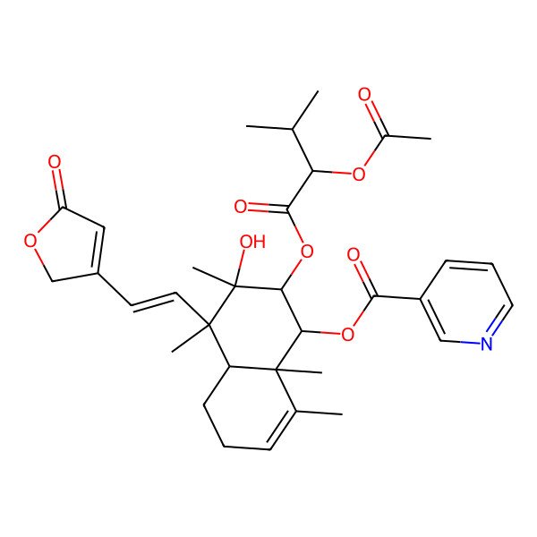 2D Structure of [(1R,2S,3R,4S,4aS,8aR)-2-[(2R)-2-acetyloxy-3-methylbutanoyl]oxy-3-hydroxy-3,4,8,8a-tetramethyl-4-[(E)-2-(5-oxo-2H-furan-3-yl)ethenyl]-2,4a,5,6-tetrahydro-1H-naphthalen-1-yl] pyridine-3-carboxylate