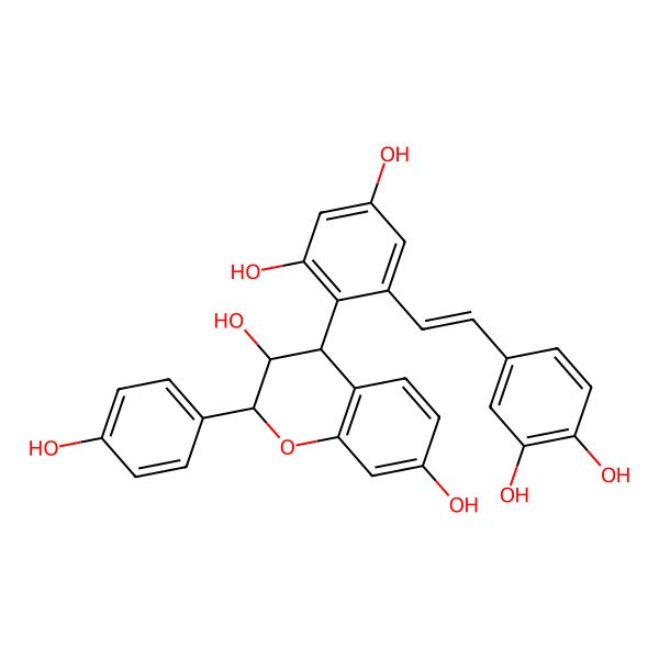 2D Structure of (2R,3R,4R)-4-[2-[(E)-2-(3,4-dihydroxyphenyl)ethenyl]-4,6-dihydroxyphenyl]-2-(4-hydroxyphenyl)-3,4-dihydro-2H-chromene-3,7-diol