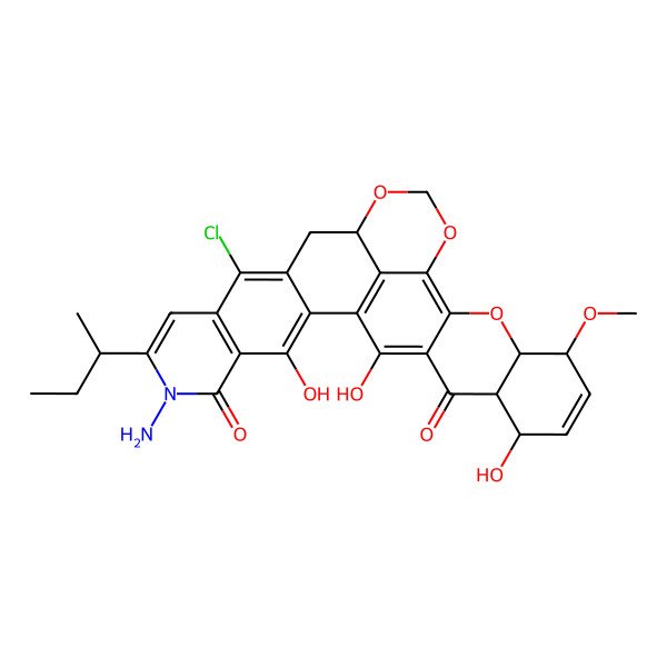 2D Structure of (13R,20R,21R,24S,25S)-6-amino-7-[(2R)-butan-2-yl]-10-chloro-3,24,28-trihydroxy-21-methoxy-14,16,19-trioxa-6-azaheptacyclo[15.11.1.02,11.04,9.013,29.018,27.020,25]nonacosa-1(29),2,4(9),7,10,17,22,27-octaene-5,26-dione