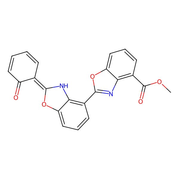 2D Structure of methyl 2-[(2E)-2-(6-oxocyclohexa-2,4-dien-1-ylidene)-3H-1,3-benzoxazol-4-yl]-1,3-benzoxazole-4-carboxylate