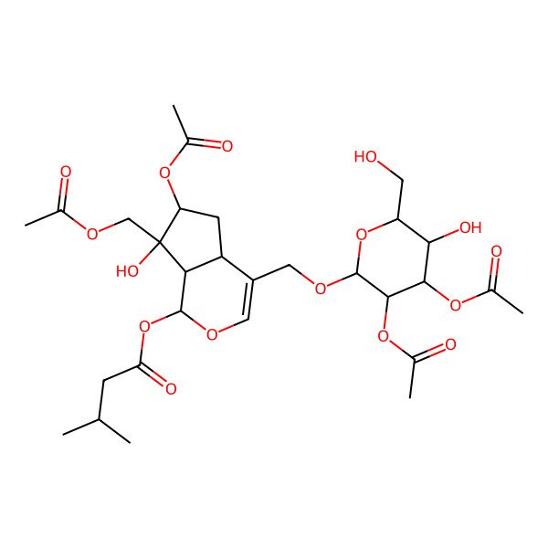 2D Structure of [6-acetyloxy-7-(acetyloxymethyl)-4-[[3,4-diacetyloxy-5-hydroxy-6-(hydroxymethyl)oxan-2-yl]oxymethyl]-7-hydroxy-4a,5,6,7a-tetrahydro-1H-cyclopenta[c]pyran-1-yl] 3-methylbutanoate