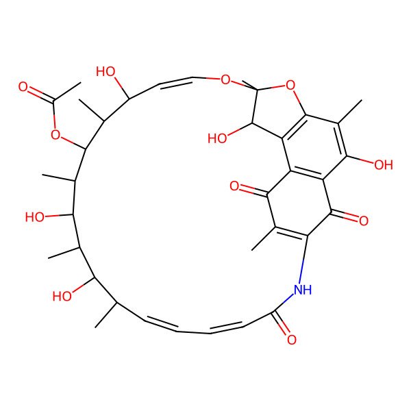 2D Structure of [(6S,7R,9E,11R,12S,13S,14S,15S,16S,17R,18R,19E,21Z)-2,6,11,15,17-pentahydroxy-3,7,12,14,16,18,26-heptamethyl-23,27,29-trioxo-8,30-dioxa-24-azatetracyclo[23.3.1.14,7.05,28]triaconta-1(28),2,4,9,19,21,25-heptaen-13-yl] acetate