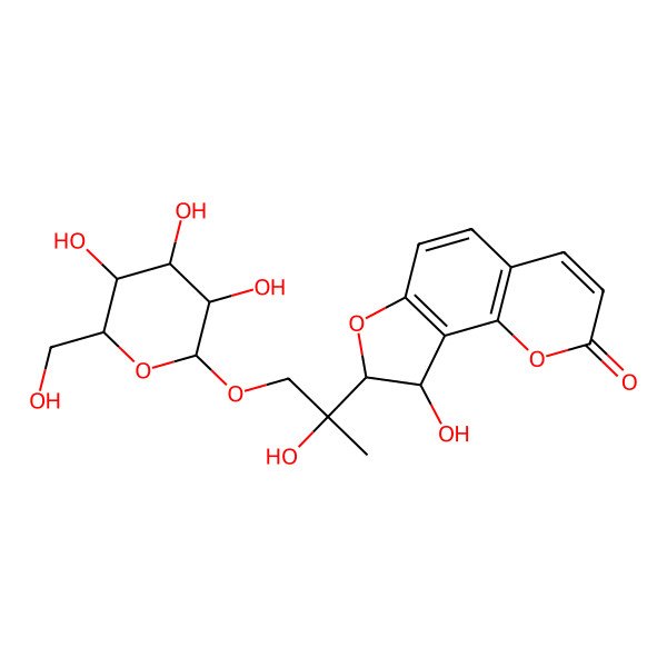 2D Structure of (8S,9R)-9-hydroxy-8-[(2R)-2-hydroxy-1-[(2R,3R,4S,5S,6R)-3,4,5-trihydroxy-6-(hydroxymethyl)oxan-2-yl]oxypropan-2-yl]-8,9-dihydrofuro[2,3-h]chromen-2-one