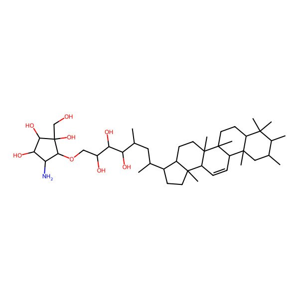 2D Structure of 5-[7-[(3R,5aR,5bR,9S,11aS,13bS)-5a,5b,8,8,9,10,11a,13b-octamethyl-1,2,3,3a,4,5,6,7,7a,9,10,11,11b,13a-tetradecahydrocyclopenta[a]chrysen-3-yl]-2,3,4-trihydroxy-5-methyloctoxy]-4-amino-1-(hydroxymethyl)cyclopentane-1,2,3-triol