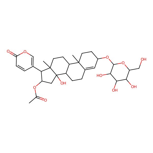 2D Structure of [14-Hydroxy-10,13-dimethyl-17-(6-oxopyran-3-yl)-3-[3,4,5-trihydroxy-6-(hydroxymethyl)oxan-2-yl]oxy-1,2,3,6,7,8,9,11,12,15,16,17-dodecahydrocyclopenta[a]phenanthren-16-yl] acetate