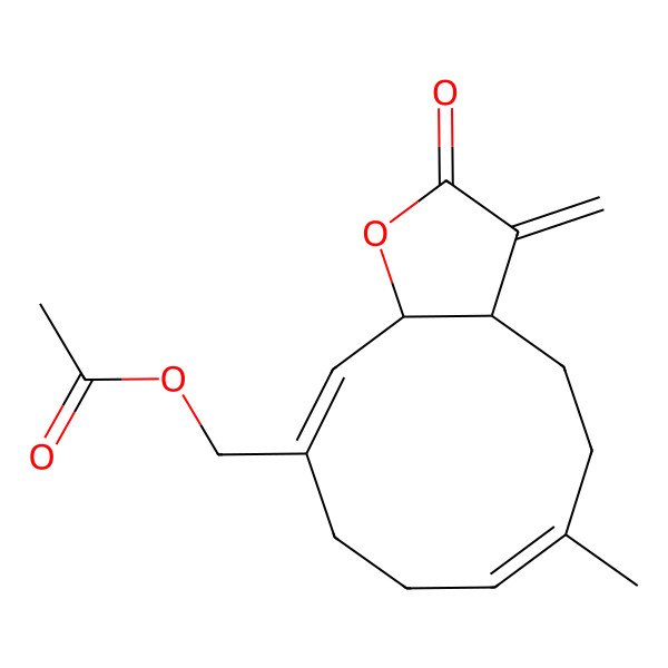 2D Structure of [(3aS,6E,10Z,11aR)-6-methyl-3-methylidene-2-oxo-3a,4,5,8,9,11a-hexahydrocyclodeca[b]furan-10-yl]methyl acetate