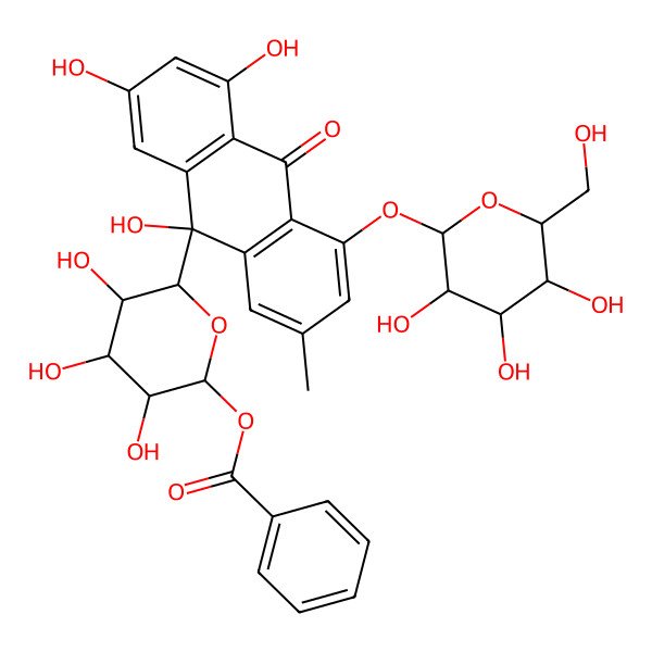 2D Structure of [(2R,3S,4S,5S,6S)-3,4,5-trihydroxy-6-[(9S)-2,4,9-trihydroxy-7-methyl-10-oxo-5-[(2S,3R,4S,5S,6R)-3,4,5-trihydroxy-6-(hydroxymethyl)oxan-2-yl]oxyanthracen-9-yl]oxan-2-yl] benzoate