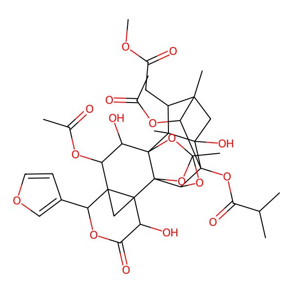 2D Structure of [(1R,2R,3R,4R,5S,8R,9S,10R,12R,14S,15S,16R,18R,19S,20R,22S)-3,22-diacetyloxy-5-(furan-3-yl)-2,8,16-trihydroxy-19-(2-methoxy-2-oxoethyl)-12,18,20-trimethyl-7-oxo-6,11,13,21-tetraoxaoctacyclo[10.8.1.14,9.115,18.01,10.04,9.010,14.016,20]tricosan-15-yl] 2-methylpropanoate