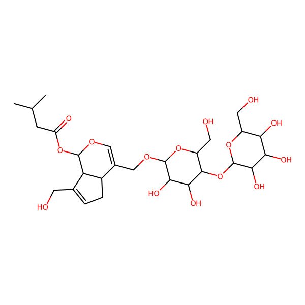 2D Structure of [(1S,4aR,7aR)-4-[[(2S,3S,4R,5S,6S)-3,4-dihydroxy-6-(hydroxymethyl)-5-[(2S,3S,4S,5S,6R)-3,4,5-trihydroxy-6-(hydroxymethyl)oxan-2-yl]oxyoxan-2-yl]oxymethyl]-7-(hydroxymethyl)-1,4a,5,7a-tetrahydrocyclopenta[c]pyran-1-yl] 3-methylbutanoate