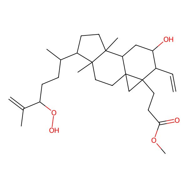 2D Structure of methyl 3-[(1S,4R,5R,8S,9S,11S,12S,13R)-12-ethenyl-5-[(2R,5R)-5-hydroperoxy-6-methylhept-6-en-2-yl]-11-hydroxy-4,8-dimethyl-13-tetracyclo[7.5.0.01,13.04,8]tetradecanyl]propanoate
