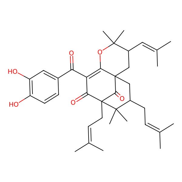 2D Structure of (1R,3S,9S,11S)-7-(3,4-dihydroxybenzoyl)-4,4,10,10-tetramethyl-9,11-bis(3-methylbut-2-enyl)-3-(2-methylprop-1-enyl)-5-oxatricyclo[7.3.1.01,6]tridec-6-ene-8,13-dione