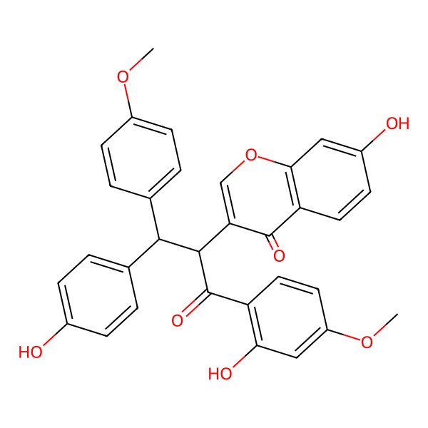 2D Structure of 7-Hydroxy-3-[1-(2-hydroxy-4-methoxyphenyl)-3-(4-hydroxyphenyl)-3-(4-methoxyphenyl)-1-oxopropan-2-yl]chromen-4-one