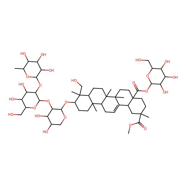 2D Structure of 2-O-methyl 4a-O-[3,4,5-trihydroxy-6-(hydroxymethyl)oxan-2-yl] 10-[3-[4,5-dihydroxy-6-(hydroxymethyl)-3-(3,4,5-trihydroxy-6-methyloxan-2-yl)oxyoxan-2-yl]oxy-4,5-dihydroxyoxan-2-yl]oxy-9-(hydroxymethyl)-2,6a,6b,9,12a-pentamethyl-1,3,4,5,6,6a,7,8,8a,10,11,12,13,14b-tetradecahydropicene-2,4a-dicarboxylate