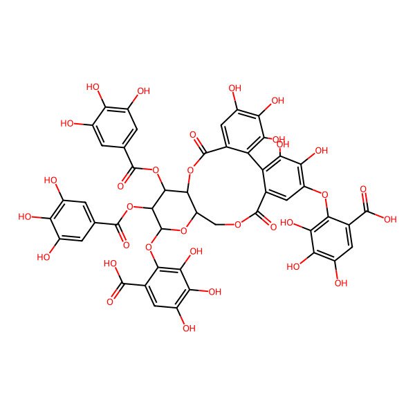 2D Structure of 2-[[(10R,11S,12R,13S,15R)-21-(6-carboxy-2,3,4-trihydroxyphenoxy)-3,4,5,22,23-pentahydroxy-8,18-dioxo-11,12-bis[(3,4,5-trihydroxybenzoyl)oxy]-9,14,17-trioxatetracyclo[17.4.0.02,7.010,15]tricosa-1(23),2,4,6,19,21-hexaen-13-yl]oxy]-3,4,5-trihydroxybenzoic acid