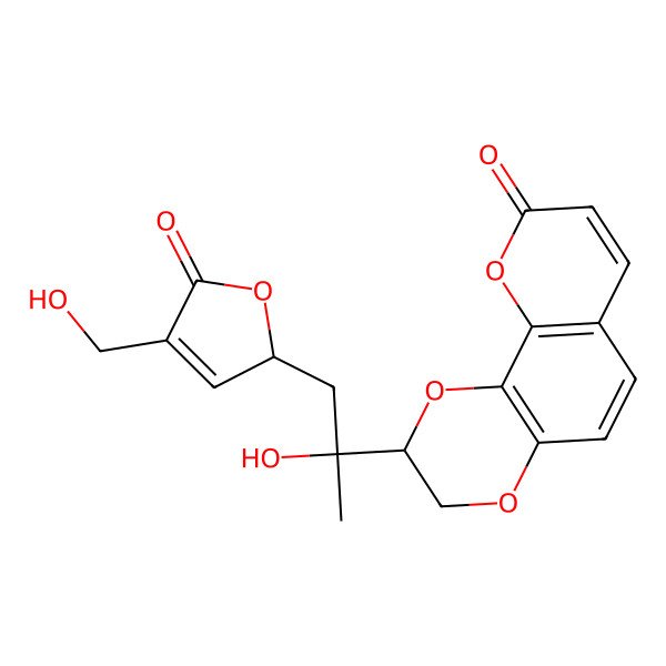 2D Structure of (2S)-2-[(2R)-2-hydroxy-1-[(2R)-4-(hydroxymethyl)-5-oxo-2H-furan-2-yl]propan-2-yl]-2,3-dihydropyrano[3,2-h][1,4]benzodioxin-9-one