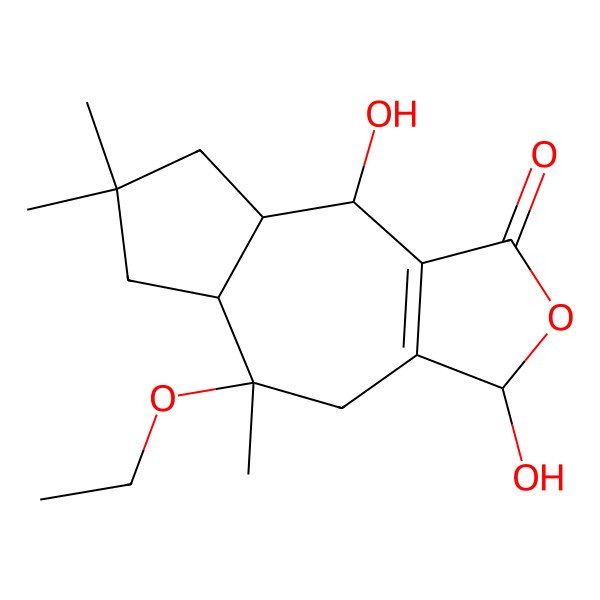 2D Structure of (3R,5S,5aS,8aR,9S)-5-ethoxy-3,9-dihydroxy-5,7,7-trimethyl-4,5a,6,8,8a,9-hexahydro-3H-azuleno[5,6-c]furan-1-one