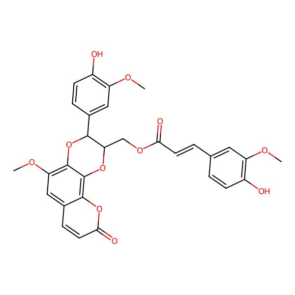 2D Structure of [3-(4-Hydroxy-3-methoxyphenyl)-5-methoxy-9-oxo-2,3-dihydropyrano[3,2-h][1,4]benzodioxin-2-yl]methyl 3-(4-hydroxy-3-methoxyphenyl)prop-2-enoate