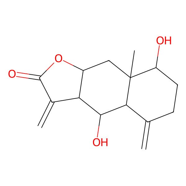 2D Structure of (3aR,4R,8R,8aR,9aS)-4,8-dihydroxy-8a-methyl-3,5-dimethylidene-3a,4,4a,6,7,8,9,9a-octahydrobenzo[f][1]benzofuran-2-one