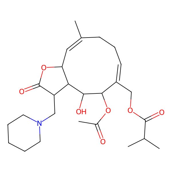 2D Structure of [5-acetyloxy-4-hydroxy-10-methyl-2-oxo-3-(piperidin-1-ylmethyl)-3a,4,5,8,9,11a-hexahydro-3H-cyclodeca[b]furan-6-yl]methyl 2-methylpropanoate