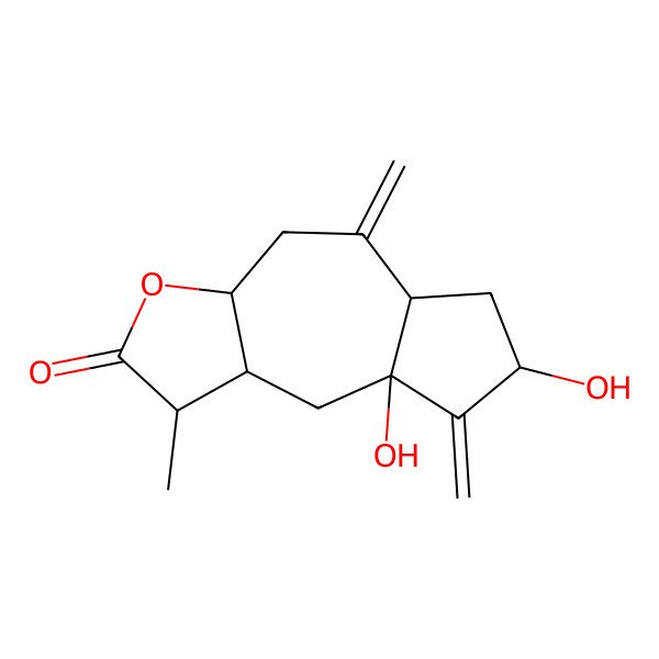 2D Structure of (1S,3aS,5aS,7S,8aR,9aR)-7,8a-dihydroxy-1-methyl-5,8-dimethylidene-1,3a,4,5a,6,7,9,9a-octahydroazuleno[6,5-b]furan-2-one