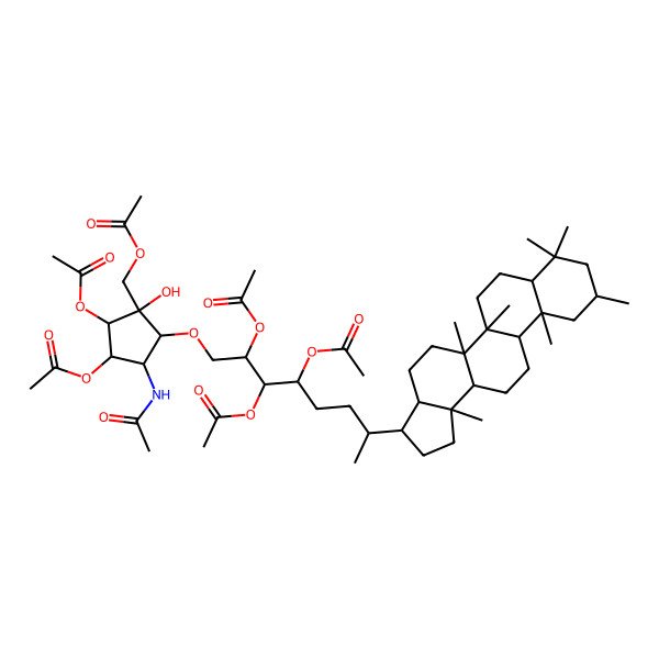2D Structure of [(1R,2R,3R,4R,5S)-2-[7-[(3R,3aS,5aR,5bR,7aS,10R,11aS,11bR,13aR,13bS)-5a,5b,8,8,10,11a,13b-heptamethyl-1,2,3,3a,4,5,6,7,7a,9,10,11,11b,12,13,13a-hexadecahydrocyclopenta[a]chrysen-3-yl]-2,3,4-triacetyloxyoctoxy]-3-acetamido-4,5-diacetyloxy-1-hydroxycyclopentyl]methyl acetate