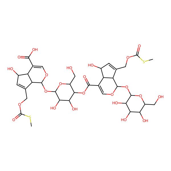 2D Structure of 1-[3,4-Dihydroxy-6-(hydroxymethyl)-5-[5-hydroxy-7-(methylsulfanylcarbonyloxymethyl)-1-[3,4,5-trihydroxy-6-(hydroxymethyl)oxan-2-yl]oxy-1,4a,5,7a-tetrahydrocyclopenta[c]pyran-4-carbonyl]oxyoxan-2-yl]oxy-5-hydroxy-7-(methylsulfanylcarbonyloxymethyl)-1,4a,5,7a-tetrahydrocyclopenta[c]pyran-4-carboxylic acid