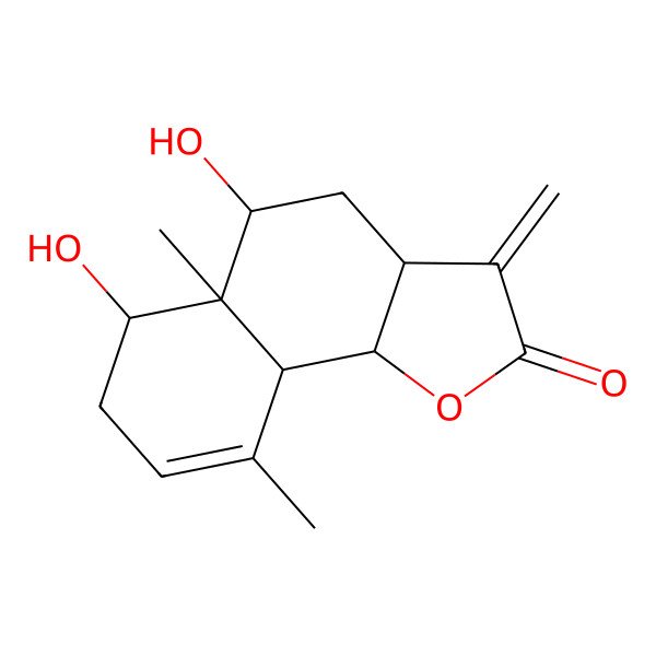 2D Structure of (3aS,5R,5aR,6S,9aS,9bS)-5,6-dihydroxy-5a,9-dimethyl-3-methylidene-4,5,6,7,9a,9b-hexahydro-3aH-benzo[g][1]benzofuran-2-one