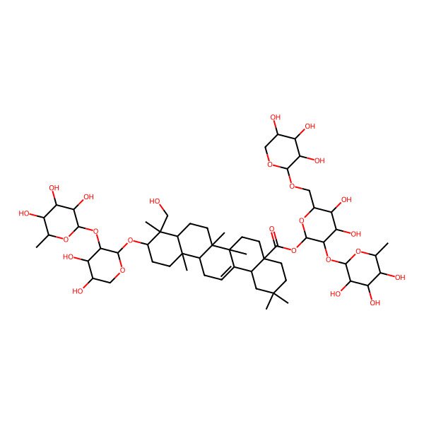 2D Structure of [4,5-Dihydroxy-3-(3,4,5-trihydroxy-6-methyloxan-2-yl)oxy-6-[(3,4,5-trihydroxyoxan-2-yl)oxymethyl]oxan-2-yl] 10-[4,5-dihydroxy-3-(3,4,5-trihydroxy-6-methyloxan-2-yl)oxyoxan-2-yl]oxy-9-(hydroxymethyl)-2,2,6a,6b,9,12a-hexamethyl-1,3,4,5,6,6a,7,8,8a,10,11,12,13,14b-tetradecahydropicene-4a-carboxylate