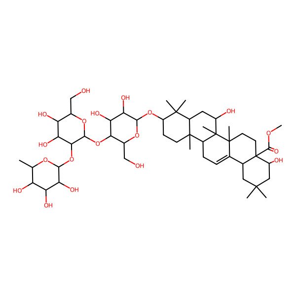 2D Structure of Methyl 10-[5-[4,5-dihydroxy-6-(hydroxymethyl)-3-(3,4,5-trihydroxy-6-methyloxan-2-yl)oxyoxan-2-yl]oxy-3,4-dihydroxy-6-(hydroxymethyl)oxan-2-yl]oxy-4,7-dihydroxy-2,2,6a,6b,9,9,12a-heptamethyl-1,3,4,5,6,6a,7,8,8a,10,11,12,13,14b-tetradecahydropicene-4a-carboxylate