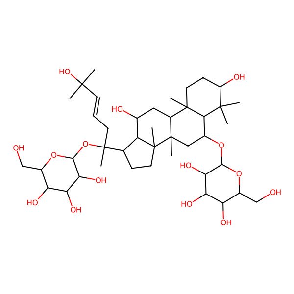 2D Structure of (2R,3S,4S,5S,6S)-2-[[(3R,5S,6R,8S,9R,10S,12R,13S,14R,17S)-3,12-dihydroxy-17-[(E,2S)-6-hydroxy-6-methyl-2-[(2R,3R,4S,5S,6R)-3,4,5-trihydroxy-6-(hydroxymethyl)oxan-2-yl]oxyhept-4-en-2-yl]-4,4,8,10,14-pentamethyl-2,3,5,6,7,9,11,12,13,15,16,17-dodecahydro-1H-cyclopenta[a]phenanthren-6-yl]oxy]-6-(hydroxymethyl)oxane-3,4,5-triol