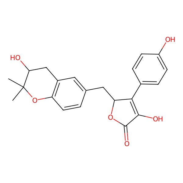 2D Structure of (2R)-4-hydroxy-2-[[(3S)-3-hydroxy-2,2-dimethyl-3,4-dihydrochromen-6-yl]methyl]-3-(4-hydroxyphenyl)-2H-uran-5-one
