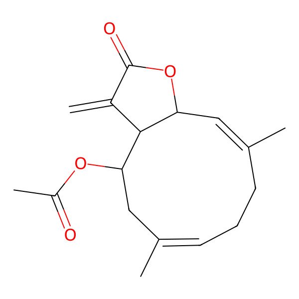 2D Structure of [(3aR,4R,6Z,10Z,11aR)-6,10-dimethyl-3-methylidene-2-oxo-3a,4,5,8,9,11a-hexahydrocyclodeca[b]furan-4-yl] acetate