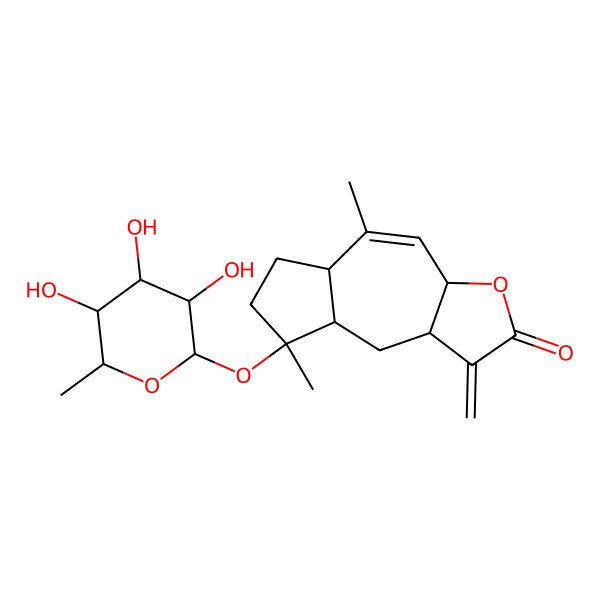 2D Structure of (3aR,5aR,8R,8aR,9aR)-5,8-dimethyl-1-methylidene-8-[(2S,3R,4R,5R,6S)-3,4,5-trihydroxy-6-methyloxan-2-yl]oxy-5a,6,7,8a,9,9a-hexahydro-3aH-azuleno[6,5-b]furan-2-one