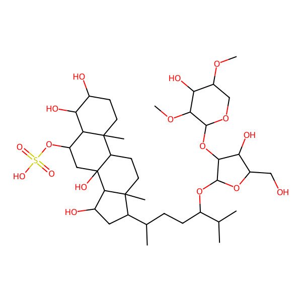2D Structure of [(3S,4R,5R,6S,8S,9R,10S,13R,14S,15R,17R)-3,4,8,15-tetrahydroxy-17-[(2R,5S)-5-[(2S,3S,4S,5S)-4-hydroxy-3-[(2S,3R,4S,5R)-4-hydroxy-3,5-dimethoxyoxan-2-yl]oxy-5-(hydroxymethyl)oxolan-2-yl]oxy-6-methylheptan-2-yl]-10,13-dimethyl-1,2,3,4,5,6,7,9,11,12,14,15,16,17-tetradecahydrocyclopenta[a]phenanthren-6-yl] hydrogen sulfate