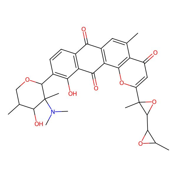 2D Structure of 10-(3-(Dimethylamino)-4-hydroxy-3,5-dimethyloxan-2-yl)-11-hydroxy-5-methyl-2-(2-methyl-3-(3-methyloxiran-2-yl)oxiran-2-yl)naphtho(2,3-h)chromene-4,7,12-trione