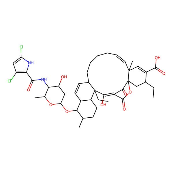 2D Structure of 17-[5-[(3,5-dichloro-1H-pyrrole-2-carbonyl)amino]-4-hydroxy-6-methyloxan-2-yl]oxy-3,22-diethyl-23-hydroxy-6,18-dimethyl-25,27-dioxo-26-oxapentacyclo[22.2.1.01,6.013,22.016,21]heptacosa-4,7,14,23-tetraene-4-carboxylic acid