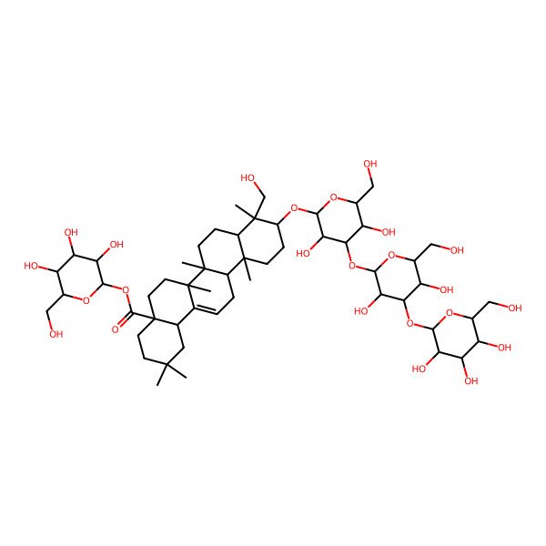 2D Structure of [(2S,3R,4S,5S,6R)-3,4,5-trihydroxy-6-(hydroxymethyl)oxan-2-yl] (4aS,6aR,6aS,6bR,8aR,9R,10S,12aR,14bS)-10-[(2R,3R,4S,5R,6R)-4-[(2S,3R,4S,5S,6R)-3,5-dihydroxy-6-(hydroxymethyl)-4-[(2S,3R,4S,5R,6R)-3,4,5-trihydroxy-6-(hydroxymethyl)oxan-2-yl]oxyoxan-2-yl]oxy-3,5-dihydroxy-6-(hydroxymethyl)oxan-2-yl]oxy-9-(hydroxymethyl)-2,2,6a,6b,9,12a-hexamethyl-1,3,4,5,6,6a,7,8,8a,10,11,12,13,14b-tetradecahydropicene-4a-carboxylate
