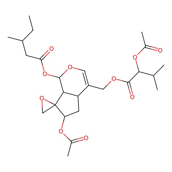 2D Structure of [(1S,4aS,6S,7R,7aS)-6-acetyloxy-4-[[(2R)-2-acetyloxy-3-methylbutanoyl]oxymethyl]spiro[4a,5,6,7a-tetrahydro-1H-cyclopenta[c]pyran-7,2'-oxirane]-1-yl] (3S)-3-methylpentanoate