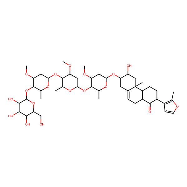 2D Structure of 6-Hydroxy-7-[4-methoxy-5-[4-methoxy-5-[4-methoxy-6-methyl-5-[3,4,5-trihydroxy-6-(hydroxymethyl)oxan-2-yl]oxyoxan-2-yl]oxy-6-methyloxan-2-yl]oxy-6-methyloxan-2-yl]oxy-4b-methyl-2-(2-methylfuran-3-yl)-2,3,4,4a,5,6,7,8,10,10a-decahydrophenanthren-1-one